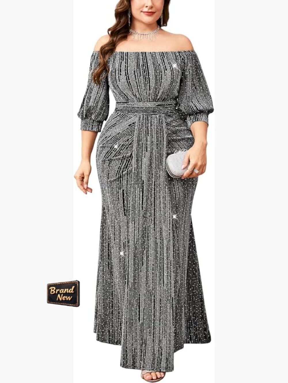 Plus Size Sparkly Formal Dress Off Shoulder Puff Sleeve Mermaid Maxi Cocktail
